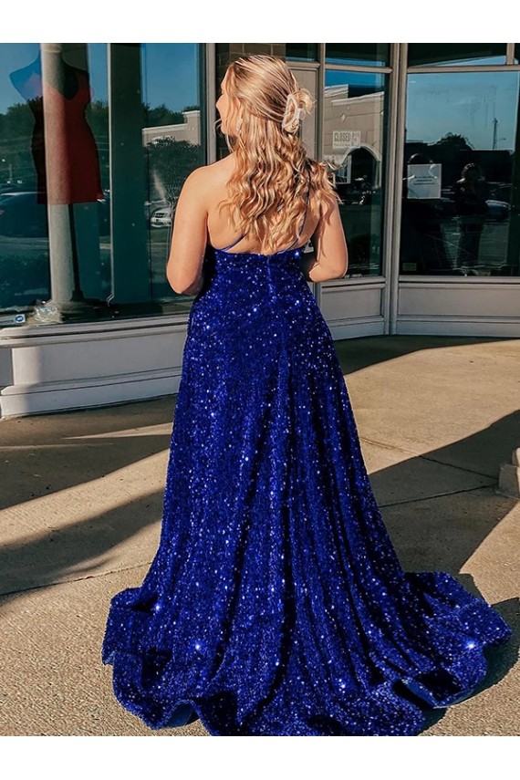 A-Line One Shoulder Sleeveless Long Sweep Train Velvet Sequin Prom Dress with Pockets for Sale