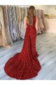 One Shoulder Sleeveless Long Court Train Velvet Sequin Prom Dress with Slit for Sale