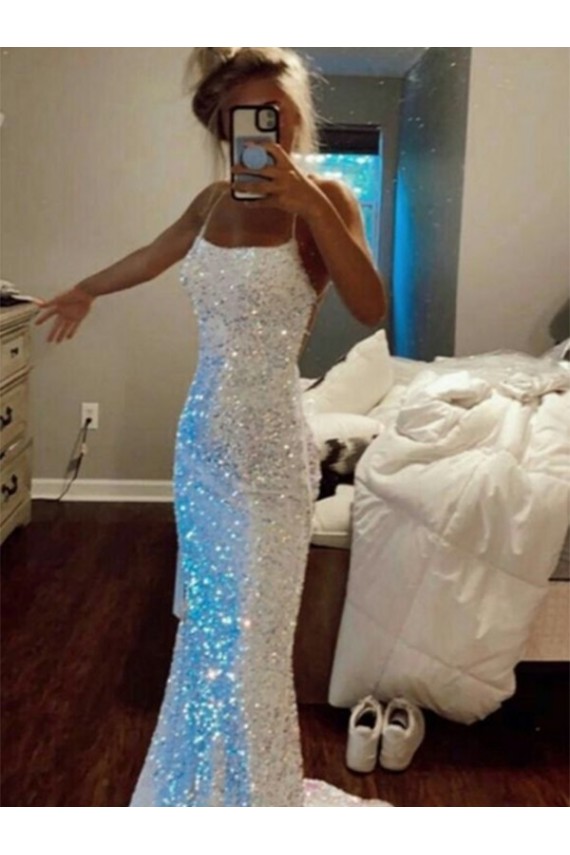 Long Spaghetti Straps Sleeveless Sweep Train Velvet Sequin Prom Dress for Sale