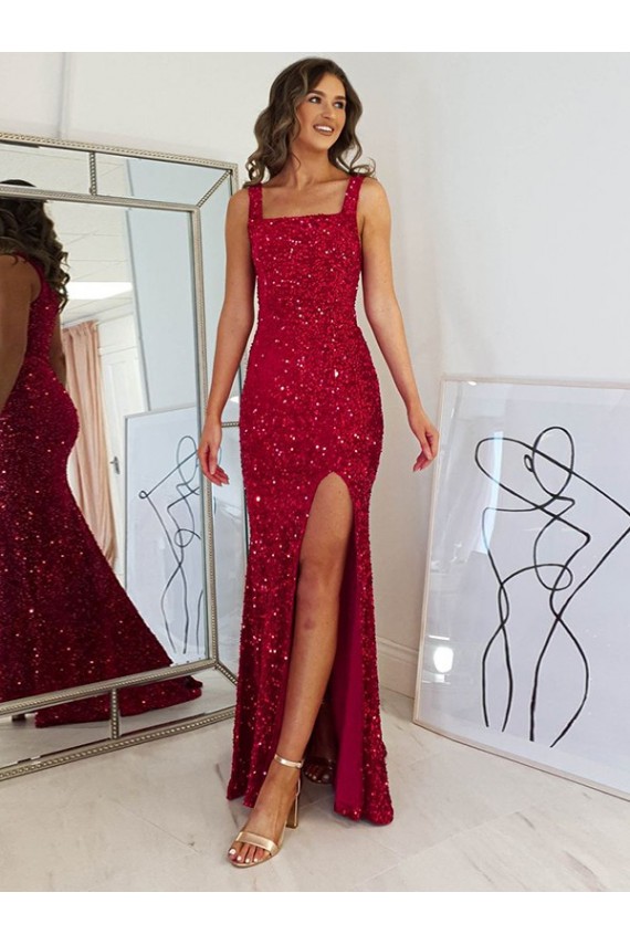 Square Neck Sleeveless Long Velvet Sequin Prom Dress with Slit for Sale
