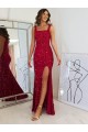 Square Neck Sleeveless Long Velvet Sequin Prom Dress with Slit for Sale