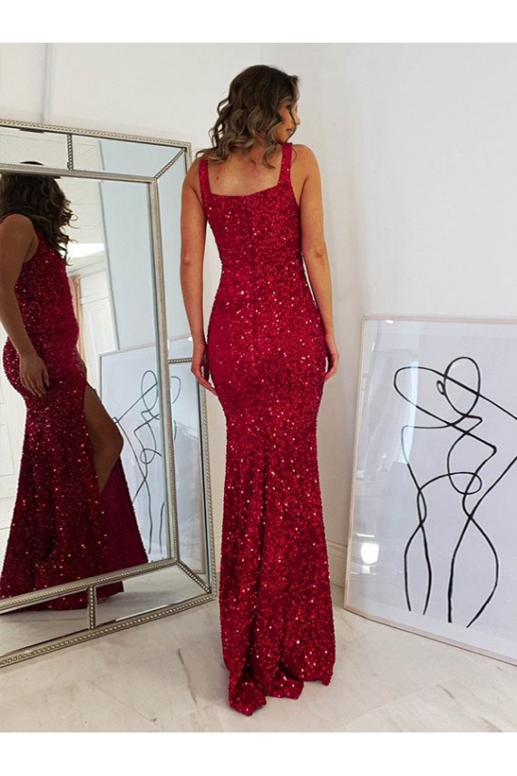 Square Neck Sleeveless Long Velvet Sequin Prom Dress with Slit for Sale