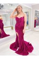 Long Sweetheart Sleeveless Sweep Train Velvet Sequin Prom Dress with Slit for Sale