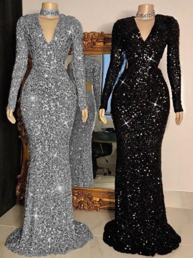 V-Neck Long Sleeves Long Sweep Train Velvet Sequin Prom Dress for Sale