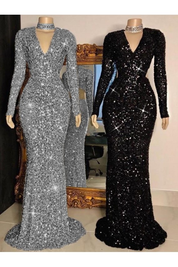 V-Neck Long Sleeves Long Sweep Train Velvet Sequin Prom Dress for Sale