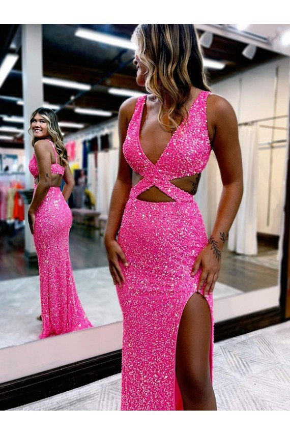 Long V-Neck Sleeveless Sweep Train Velvet Sequin Prom Dress with High Slit for Sale