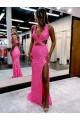 Long V-Neck Sleeveless Sweep Train Velvet Sequin Prom Dress with High Slit for Sale