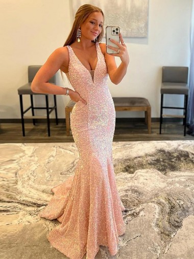 Deep V-Neck Sleeveless Long Low Back Velvet Sequin Prom Dress for Sale