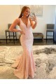 Deep V-Neck Sleeveless Long Low Back Velvet Sequin Prom Dress for Sale