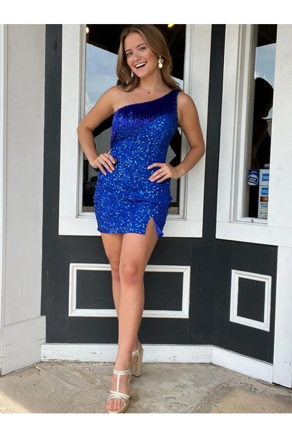 One Shoulder Sleeveless Short Velvet Sequin Royal Blue Prom Dress for Sale