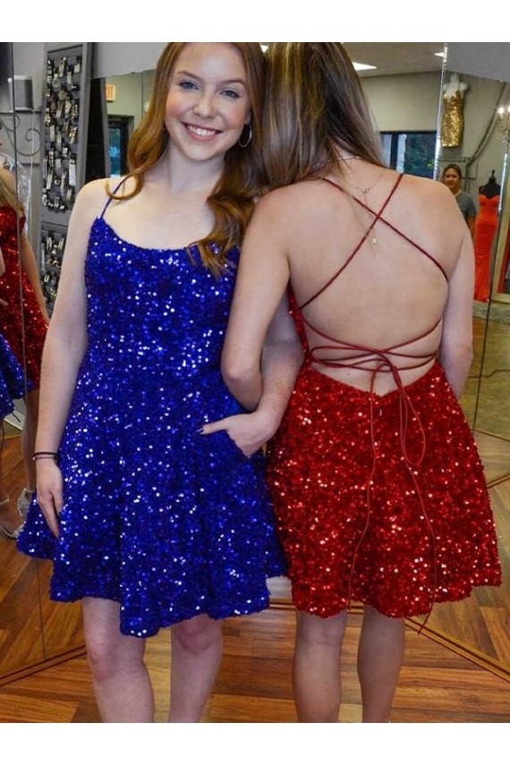 A-Line Spaghetti Straps Sleeveless Short Velvet Sequin Prom Dress for Sale