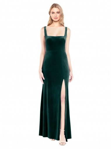 Square Neck Full Length Velvet Prom Dress with Side Slit for Sale
