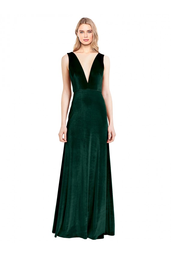 Daring Deep V-Neck Long Full Length Velvet Prom Dress for Sale