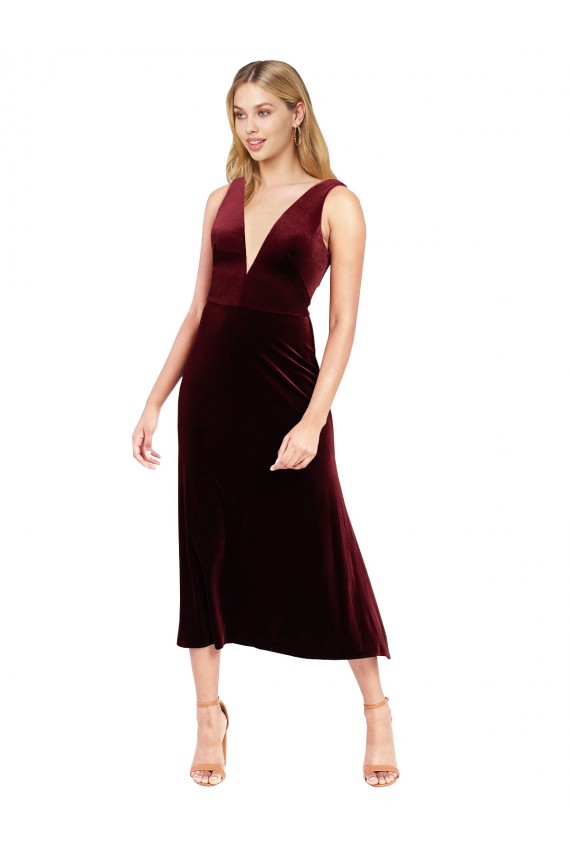 Daring Plunging V-Neckline Short Midi Length Velvet Cocktail Prom Dress / Homecoming Dress for Sale