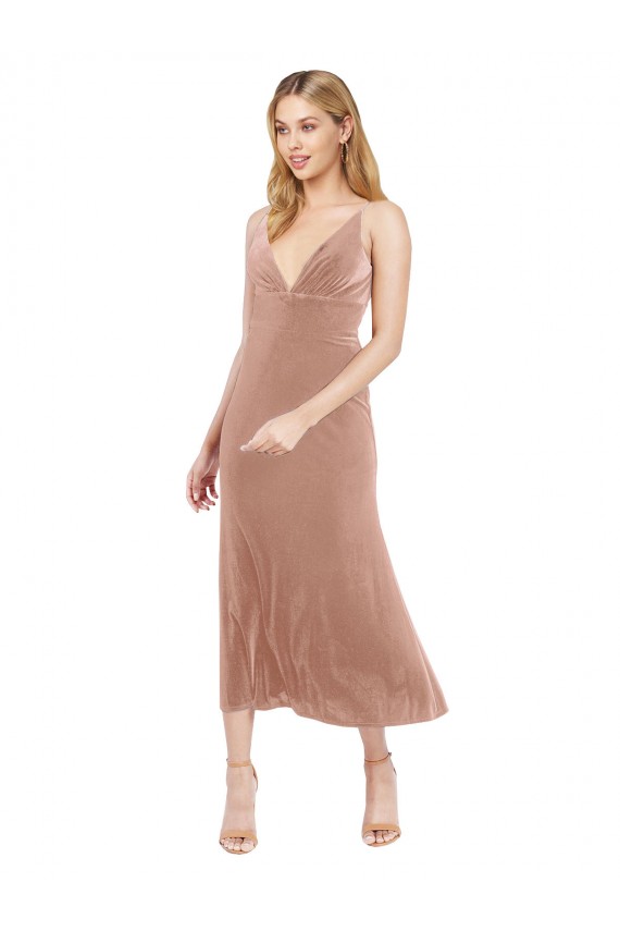 Midi Length Short V-Neck Velvet Cocktail Prom Dress / Homecoming Dress with Notched Neckline for Sale