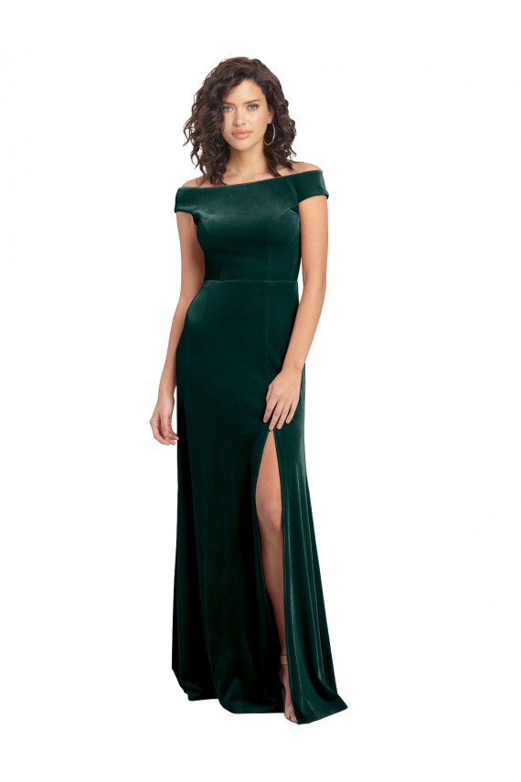 Floor Length Cap Sleeves Long Velvet Prom Dress with High Side Slit for Sale