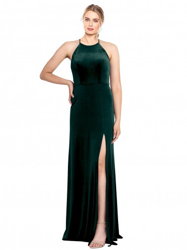 Long Jewel Neck Full Length Velvet Prom Dress with Side Slit for Sale