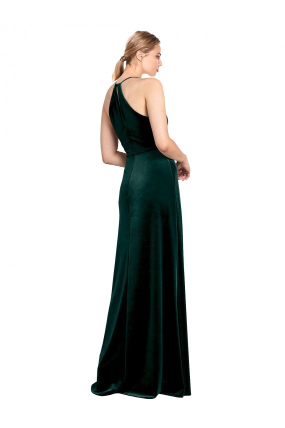 Long Jewel Neck Full Length Velvet Prom Dress with Side Slit for Sale