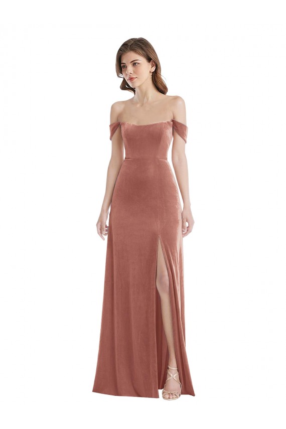 Off the Shoulder Flounce Sleeve Velvet Maxi Prom Dress & Pockets for Sale