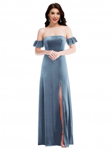 Ruffle Sleeve Off the Shoulder Velvet Maxi Prom Dress for Sale