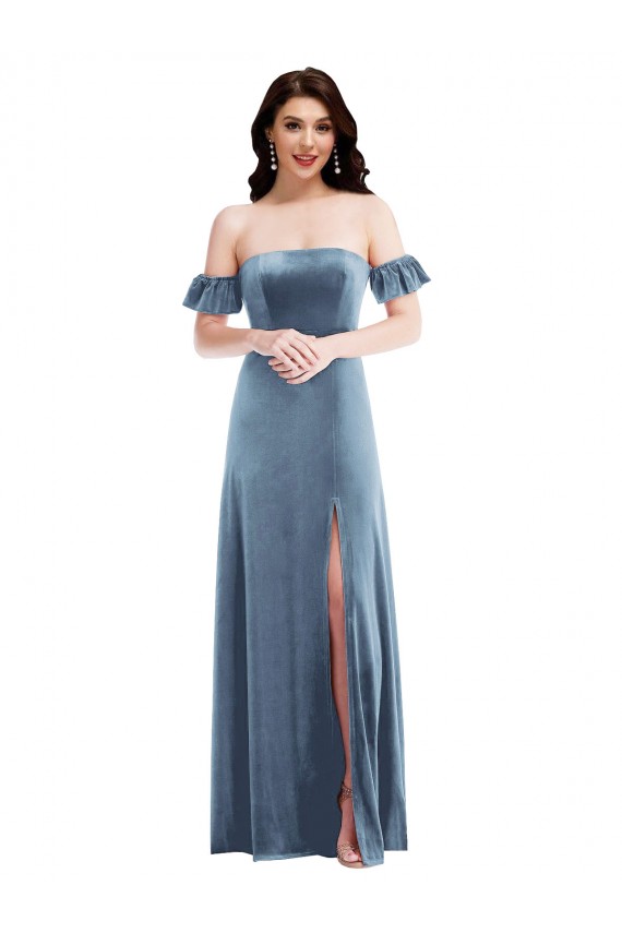 Ruffle Sleeve Off the Shoulder Velvet Maxi Prom Dress for Sale