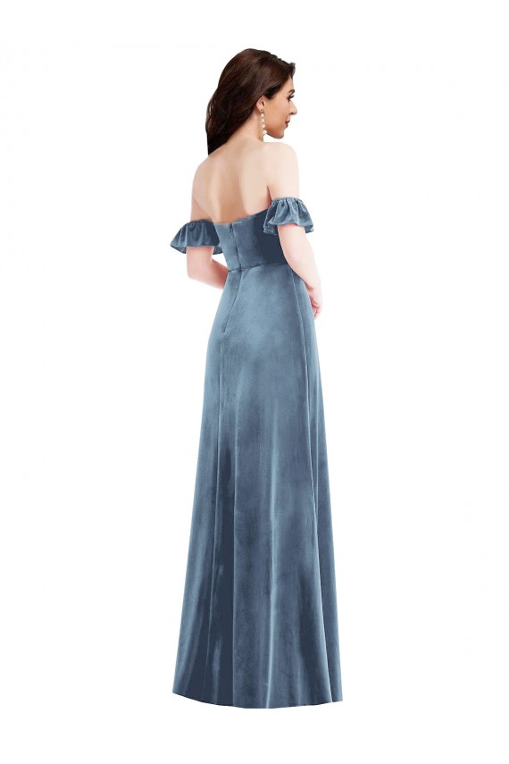 Ruffle Sleeve Off the Shoulder Velvet Maxi Prom Dress for Sale