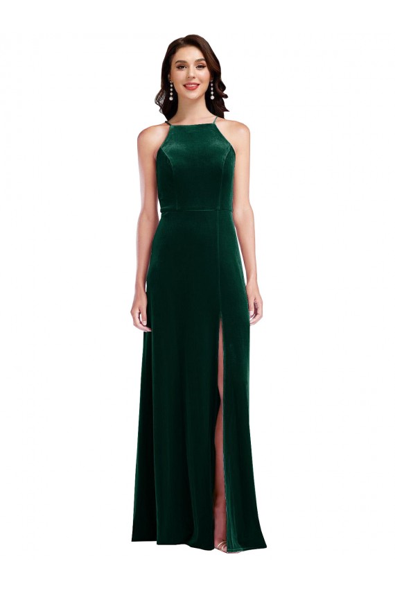 Velvet Halter Maxi Prom Dress with Front Slit & Pockets for Sale