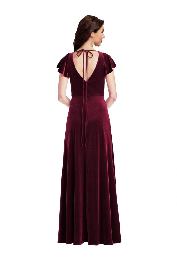 Flutter Sleeve Velvet Maxi Prom Dress with Pockets for Sale