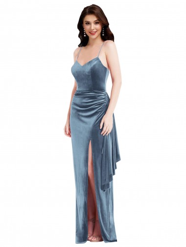 Spaghetti Strap Velvet Maxi Prom Dress with Draped Skirt for Sale