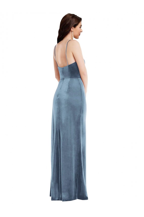 Spaghetti Strap Velvet Maxi Prom Dress with Draped Skirt for Sale