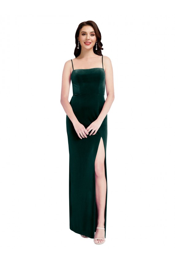 Straight Neckline Spaghetti Straps Long Velvet Prom Dress with High Side Slit for Sale