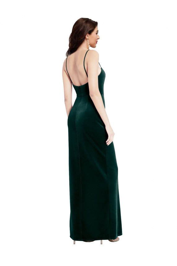 Straight Neckline Spaghetti Straps Long Velvet Prom Dress with High Side Slit for Sale