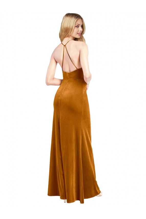 Halter Neckline Long Full Length Velvet Prom Dress with Strappy Back for Sale
