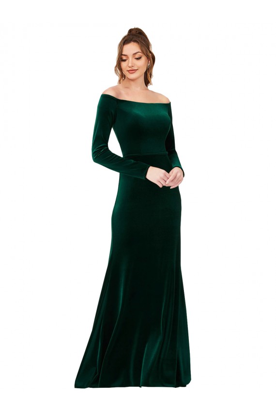 Off the Shoulder Long Sleeves Stretch Velvet Prom Dress for Sale