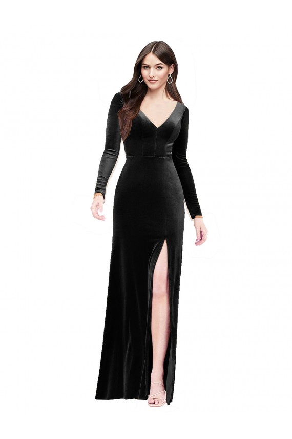 Long Sleeves Velvet Prom Dress with V-Neckline and Thigh Slit for Sale