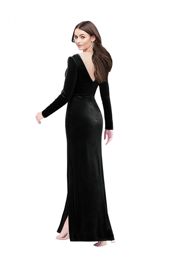 Long Sleeves Velvet Prom Dress with V-Neckline and Thigh Slit for Sale
