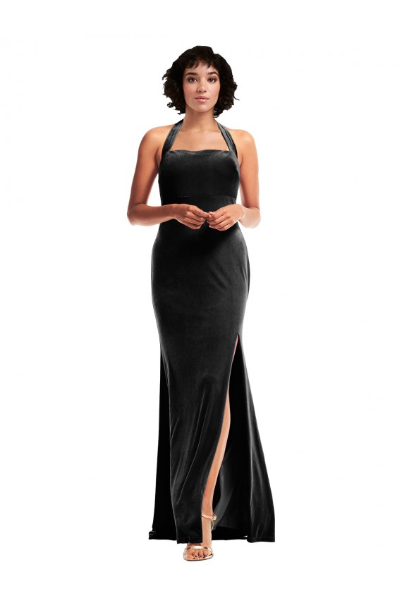 Empire Waist Stretch Velvet Prom Dress with Halter Strap for Sale