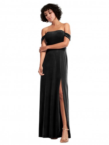 Off the Shoulder Drapped Sleeves Stretch Velvet Prom Dress for Sale