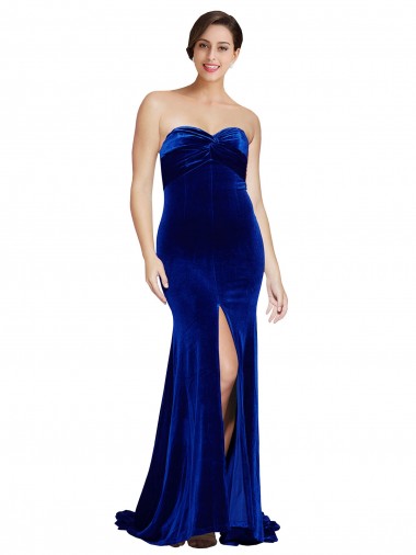 Strapless Ruched Velvet Prom Dress with Sweep Train and Front Slit for Sale