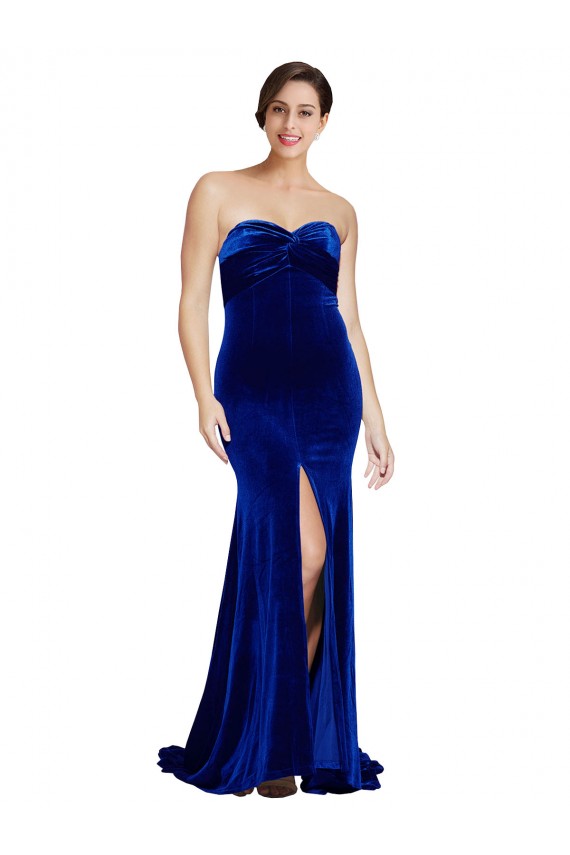 Strapless Ruched Velvet Prom Dress with Sweep Train and Front Slit for Sale