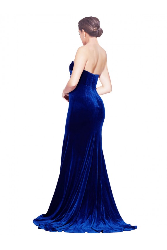 Strapless Ruched Velvet Prom Dress with Sweep Train and Front Slit for Sale
