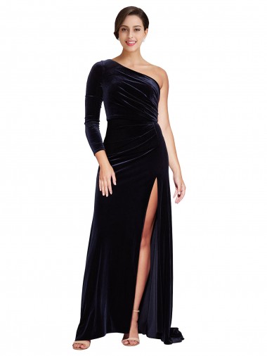 One Sleeve Long Velvet Prom Dress with Thigh High Split for Sale