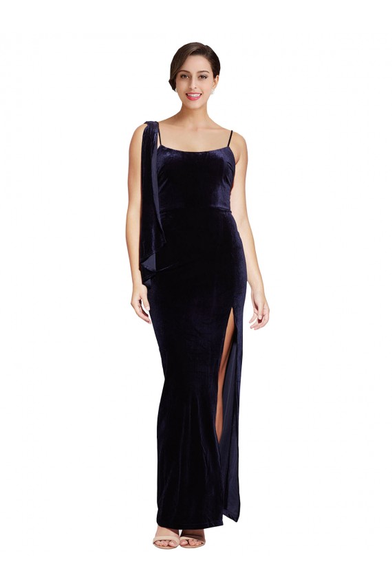 Long Velvet Prom Dress with Side Thigh Split and Shoulder Tie for Sale