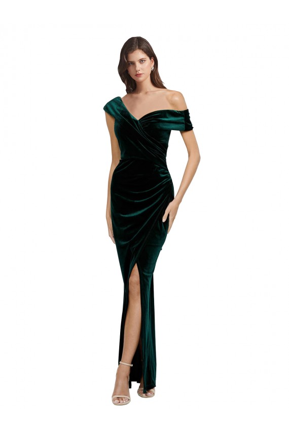 Long Asymmetric Neckline Ruched Velvet Prom Dress for Sale