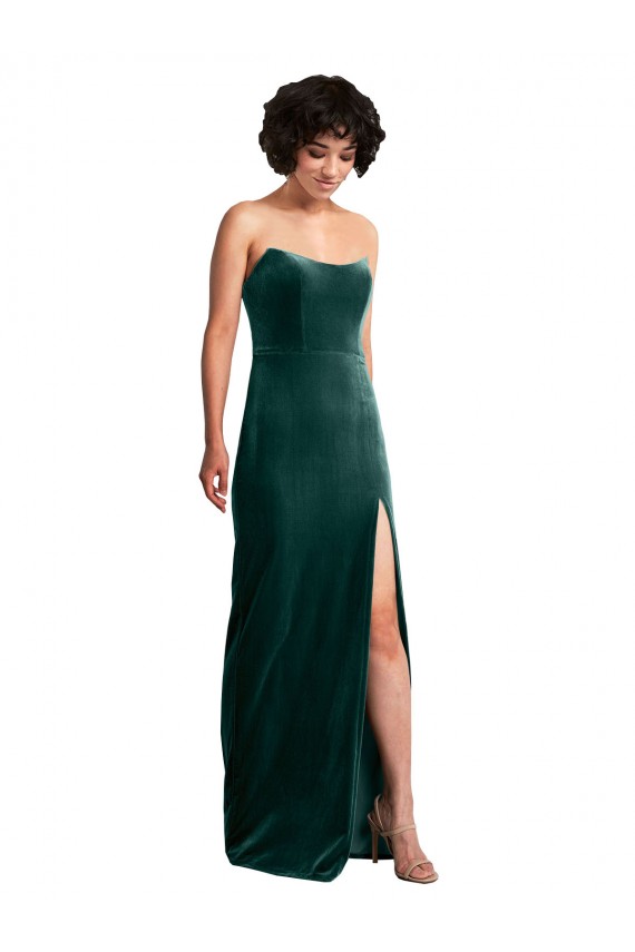 Scooped Strapless Long Velvet Prom Dress with Daring Side Slit for Sale
